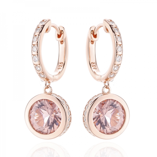 925 Round Morganite Nano And White Cubic Zircon Silver Earring With Rose Glod Plating 