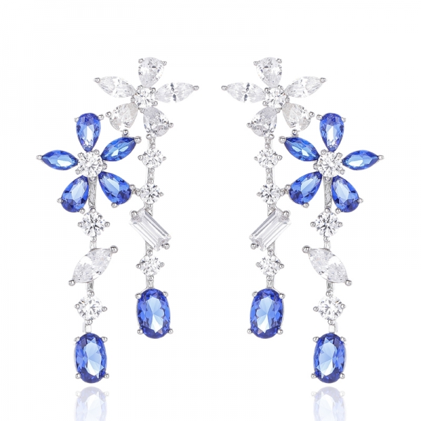 925 Oval Shape Blue Nano And Marquise White Cubic Zircon Rhodium Silver Earring 