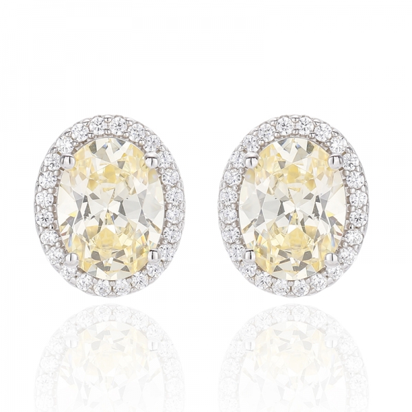 925 Oval Shape Diamond Yellow And Round White Cubic Zircon Rhodium Silver Earring 