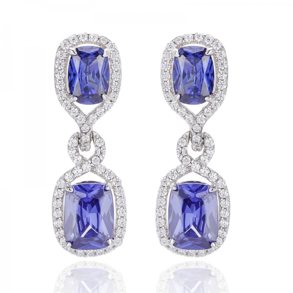 Cushion Cut Tanzanite And Round White Cubic Zircon Rhodium Silver Earring 