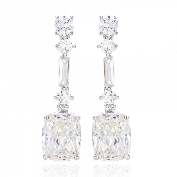 Cushion Diamond G And Baguette White Cubic Zircon Rhodium Silver Earring 