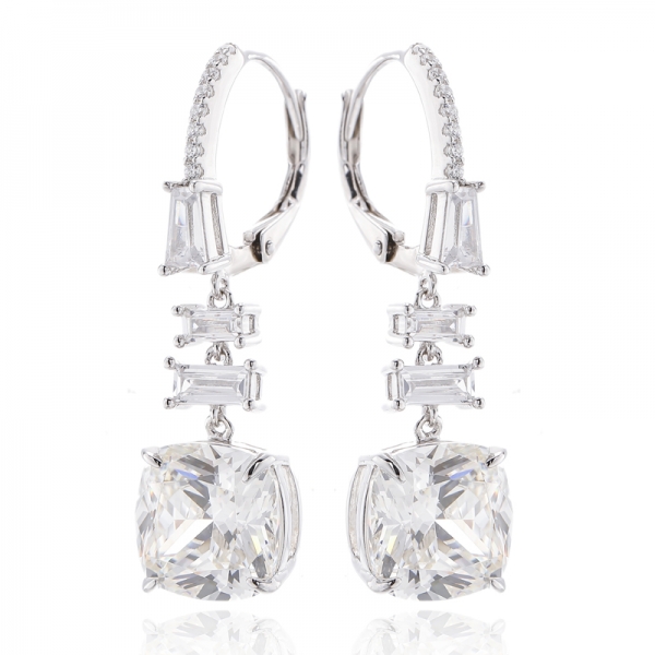 925 Cushion Diamond G And Baguette White Cubic Zircon Rhodium Silver Earring 