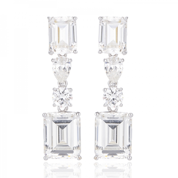 Emerald Cut Diamond G And Pear White Cubic Zircon Rhodium Silver Earring 