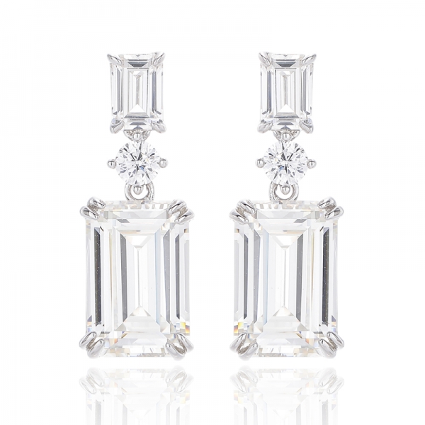 925 Emerald Cut Diamond G And Round White Cubic Zircon Rhodium Silver Earring 