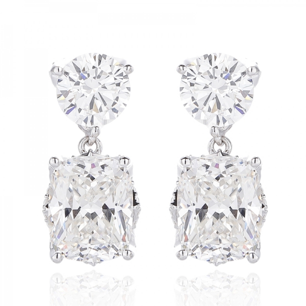 Cushion Diamond G And Round White Cubic Zircon Rhodium Silver Earring 