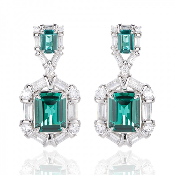 Emerald Cut Green Nano And Baguette White Cubic Zircon Rhodium Silver Earring 