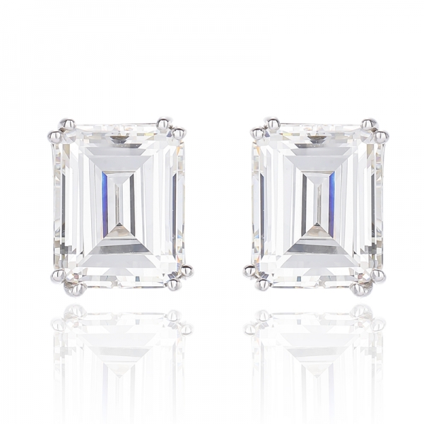 Emerald Cut Diamond G Cubic Zircon Rhodium Silver Earring 