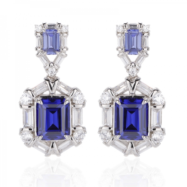 Emerald Cut Green Nano And Baguette White Cubic Zircon Rhodium Silver Earring 