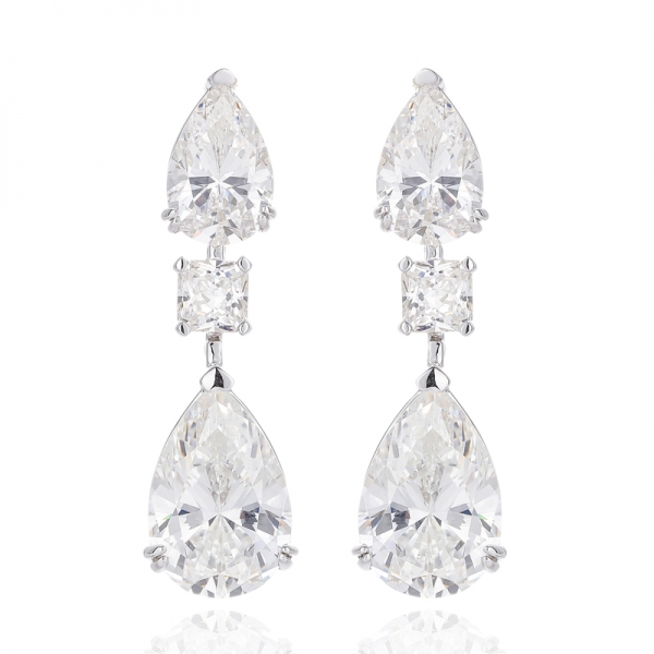 Pear Shape And Octagon Diamond G Cubic Zircon Rhodium Silver Earring 