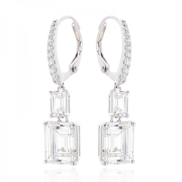 Emerald Cut Diamond G And Round White Cubic Zircon Rhodium Silver Earring 