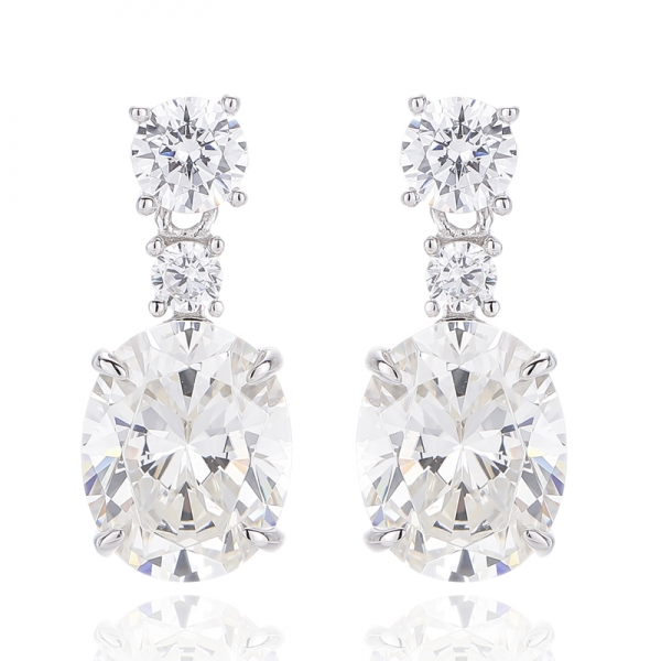 Oval Shape Diamond G And Round White Cubic Zircon Rhodium Silver Earring 