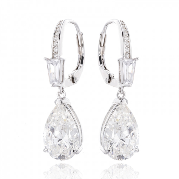 Pear Shape Diamond G And Round White Cubic Zircon Rhodium Silver Earring 