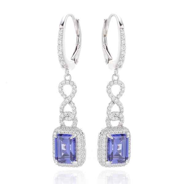 Emerald Cut Tanzanite And Round White Cubic Zircon Rhodium Silver Earring 
