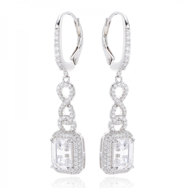 Emerald Cut Tanzanite And Round White Cubic Zircon Rhodium Silver Earring 