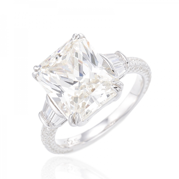 Octagon Diamond G And Tapered White Cubic Zircon Rhodium Silver Ring 