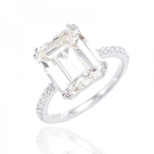 Emerald Diamond G And Round White Cubic Zircon Rhodium Plating Silver Ring 