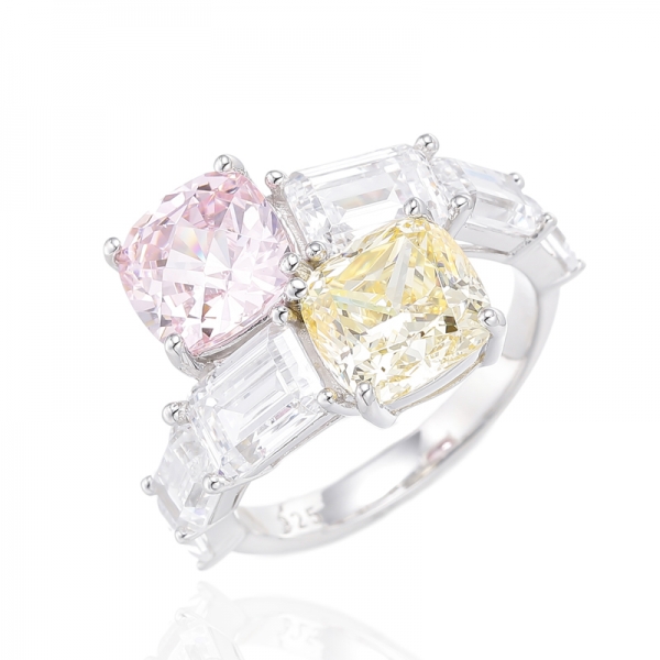 Cushion Shape Morganite Nano And Emerald White Cubic Zircon Silver Ring With Rose Gold Plating 