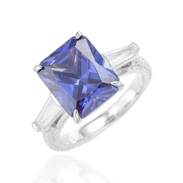 Octagon Tanzanite And Tapered White Cubic Zircon Rhodium Plating Silver Ring 