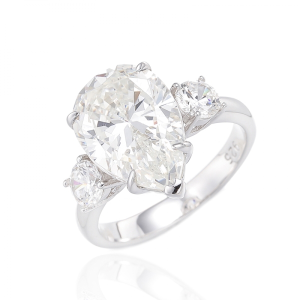 Pear Shape Diamond G And Round White Cubic Zircon Rhodium Silver Ring 
