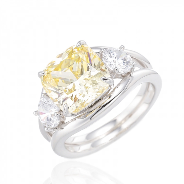 Cushion Diamond Yellow And Round White Cubic Zircon Rhodium Plating Silver Ring 