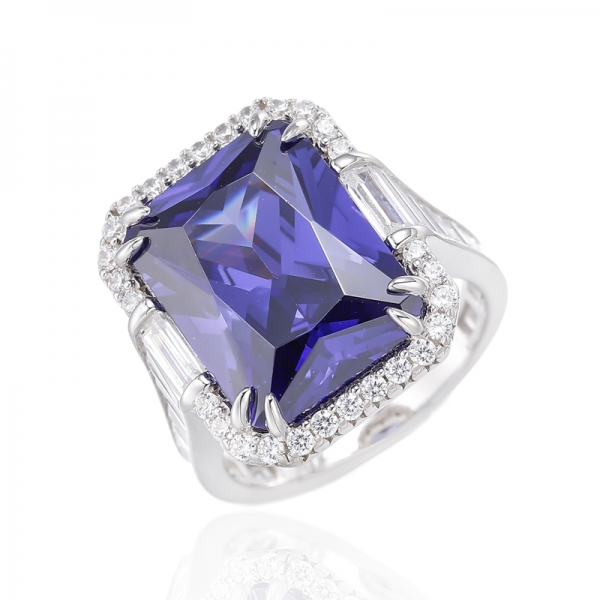 Octagon Tanzanite And Baguette White Cubic Zircon Rhodium Plating Silver Ring 