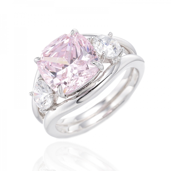 Cushion Diamond Yellow And Round White Cubic Zircon Rhodium Plating Silver Ring 