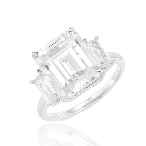 Emerald Diamond G And Baguette White Cubic Zircon Rhodium Plating Silver Ring 