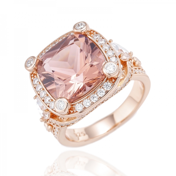 Cushion Diamond Pink And Round Pink Cubic Zircon Rhodium Plating Silver Ring 