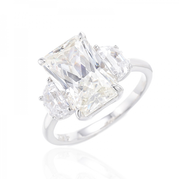 Octagon Diamond G And Half Moon Shape White Cubic Zircon Rhodium Silver Ring 