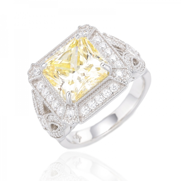 Octagon Diamond Yellow And Round White Cubic Zircon Rhodium Plating Silver Ring 