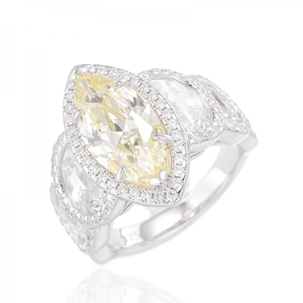 Marquise Diamond Yellow And Half Moon Shape White Cubic Zircon Rhodium Silver Ring 