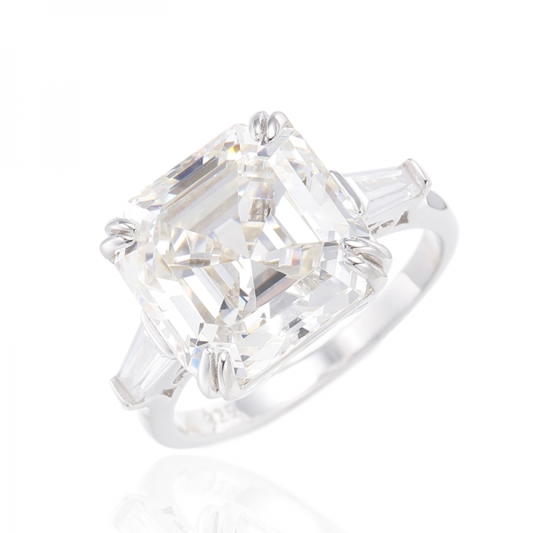 Asscher Diamond G And Tapered White Cubic Zircon Rhodium Silver Ring 