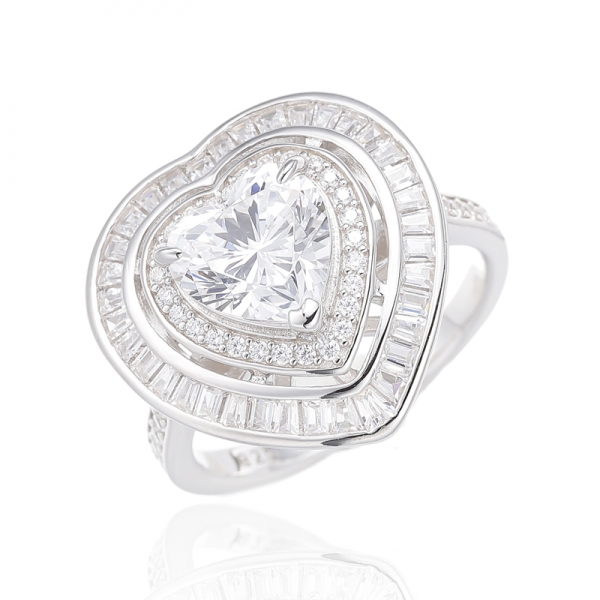 Heart Shape Diamond Pink And Tapered White Cubic Zircon Rhodium Silver Ring 