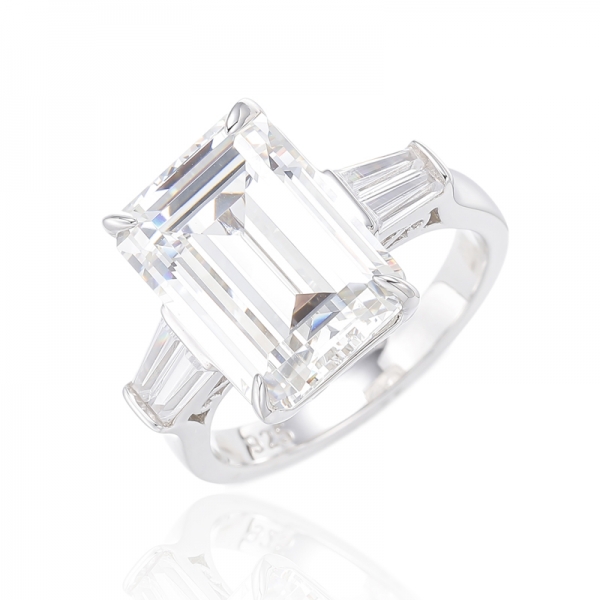 Emerald Cut Diamond G And Tapered White Cubic Zircon Rhodium Silver Ring 