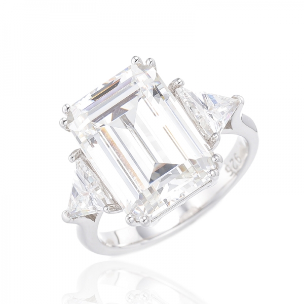 Emerald Cut And Triangle Diamond G Cubic Zircon Rhodium Silver Ring 