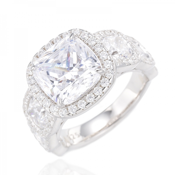 Cushion Green Nano And Round White Cubic Zircon Rhodium Plating Silver Ring 