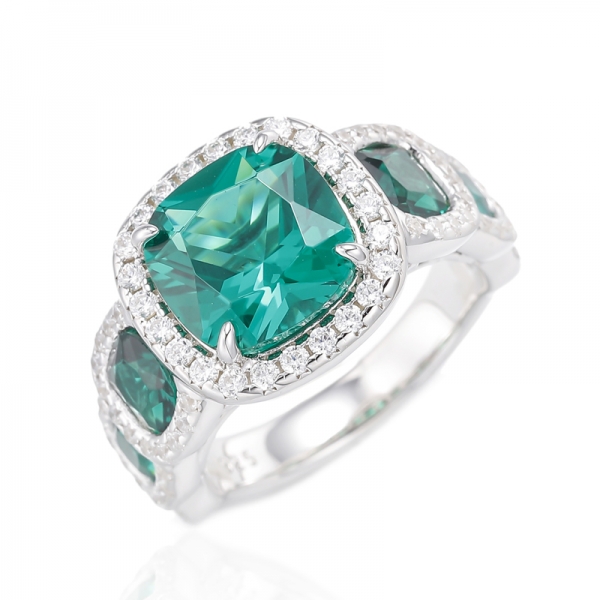Cushion Green Nano And Round White Cubic Zircon Rhodium Plating Silver Ring 