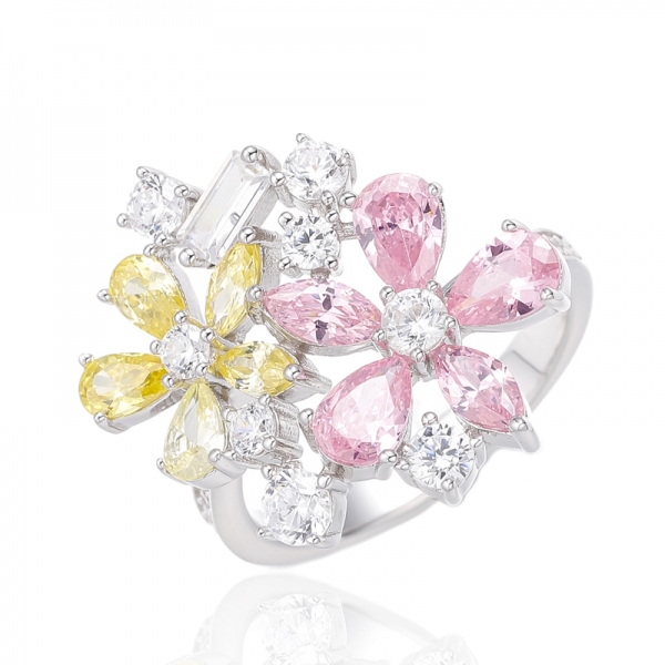 Marquise And Pear Shape Blue Nano With White Cubic Zircon Rhodium Plating Silver Ring 