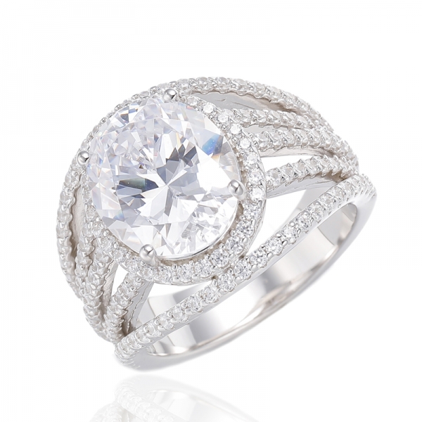 Oval Shape Tanzanite And Round White Cubic Zircon Rhodium Plating Silver Ring 