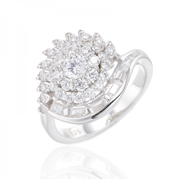 Round Pink And Tapered White Cubic Zircon Rhodium Silver Ring 