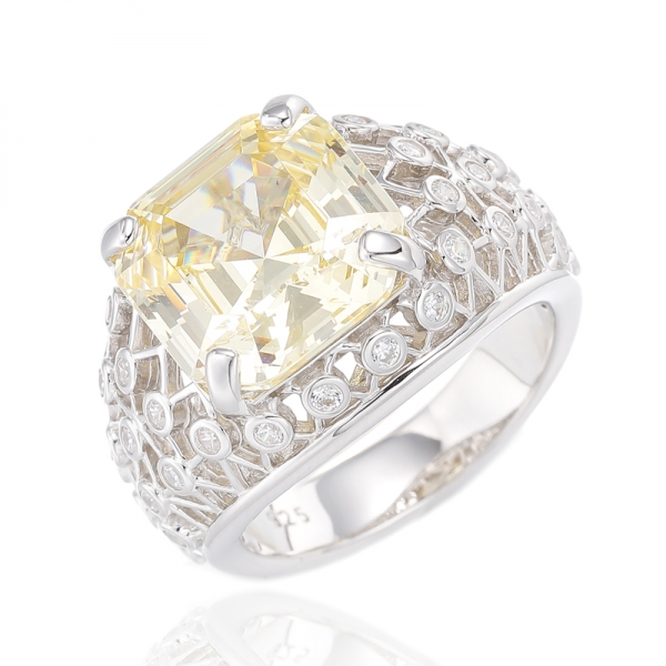 Asscher Canary And Round White Cubic Zircon Rhodium Silver Ring 