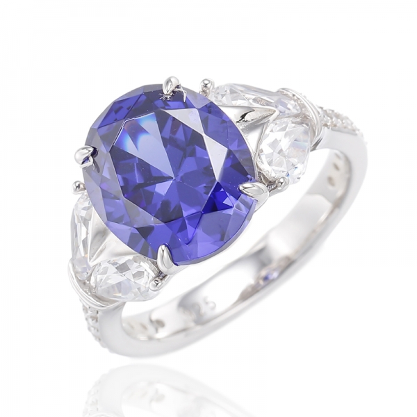 Oval Shape Tanzanite And Pear Shape White Cubic Zircon Rhodium Plating Silver Ring 