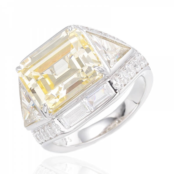 Emerald Cut Green Nano And Triangle White Cubic Zircon Silver Ring With Gold Plating 