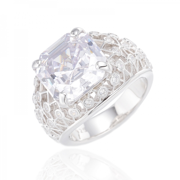 Asscher Canary And Round White Cubic Zircon Rhodium Silver Ring 