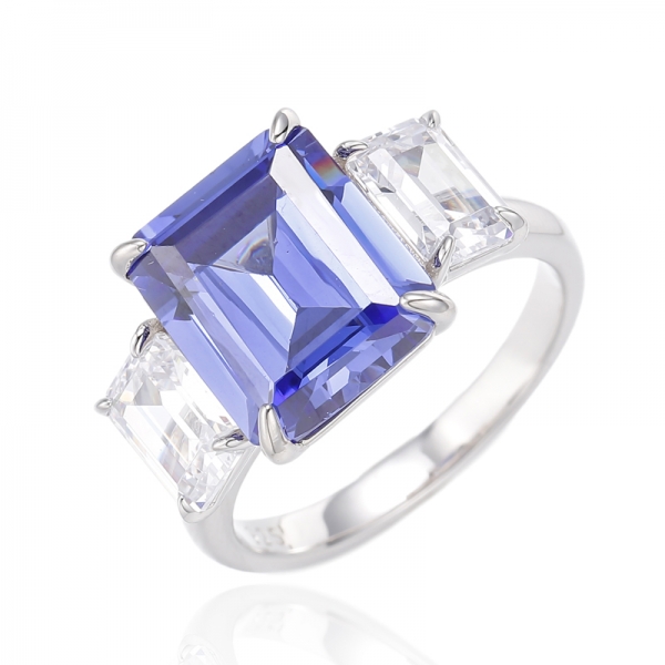 Emerald Cut Tanzanite And White Cubic Zircon Rhodium Plating Silver Ring 