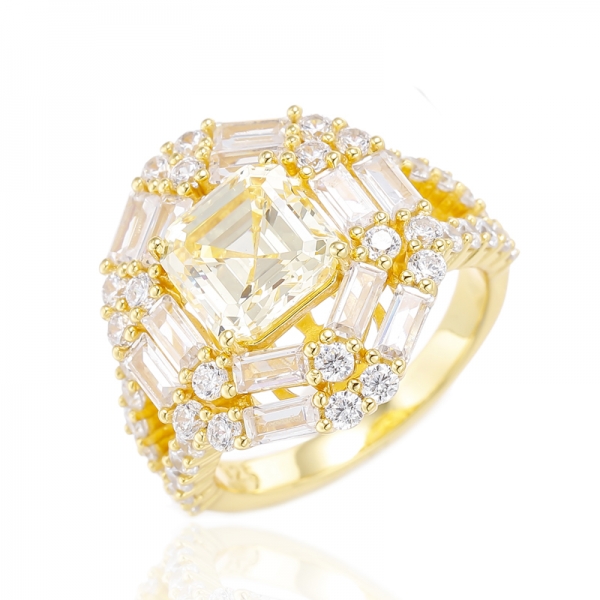 Asscher Pink And Baguette White Silver Ring With Rose Gold Plating 