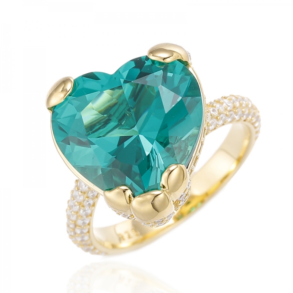 Heart Shape Green Nano And Round White Cubic Zircon Silver Ring With Gold Plating 