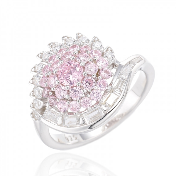 Round Pink And Tapered White Cubic Zircon Rhodium Silver Ring 