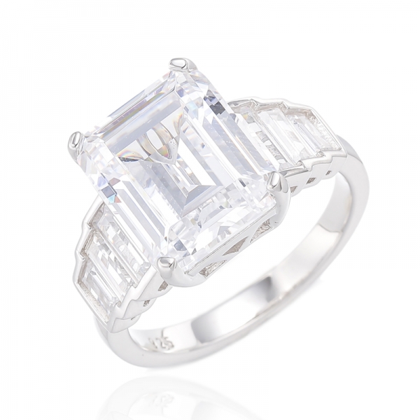 Emerald Cut Green Nano And Baguette White Cubic Zircon Rhodium Plating Silver Ring 