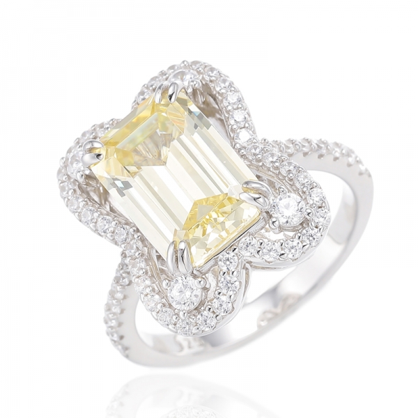Emerald Cut Green Nano And Round White Cubic Zircon Rhodium Plating Silver Ring 
